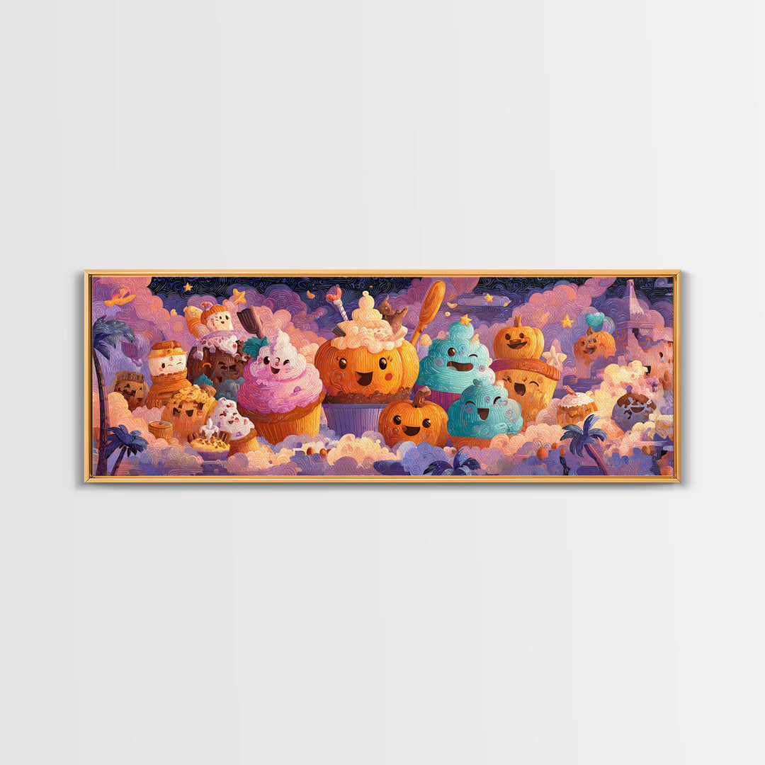 The Pumpkin Bakery, Cute Spooky Neon Art, Extra Wide Wall Art, Framed Canvas Print, Retro Halloween Decor, Neon Wall Art, Macabre Wall Art