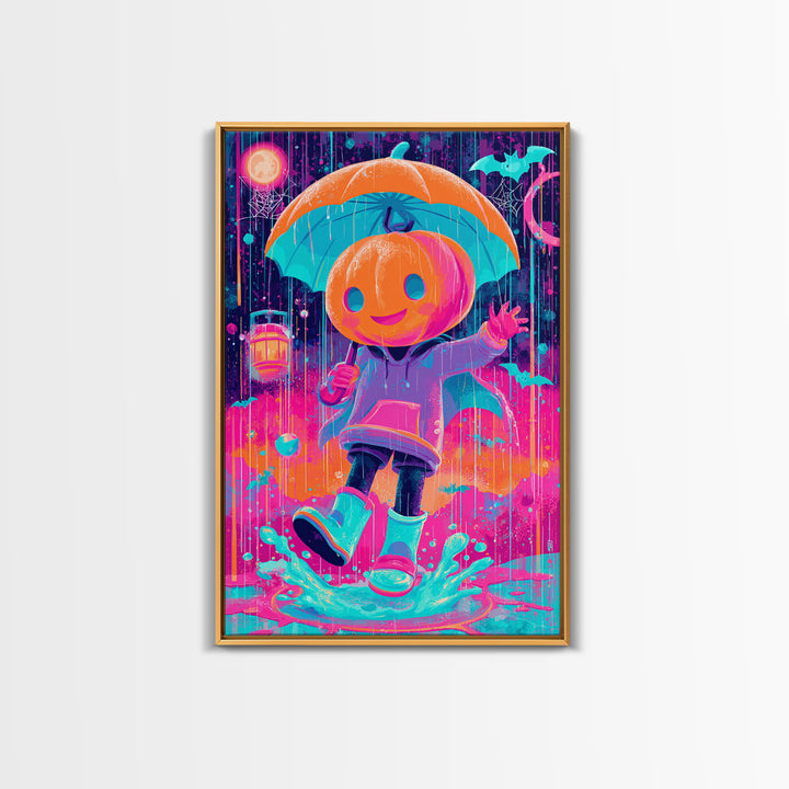 The Pumpkin Umbrella, Cute Spooky Neon Art, Vertical Wall Art, Canvas Print, Retro Halloween Decor, Neon Wall Art, Spooky Wall Decor