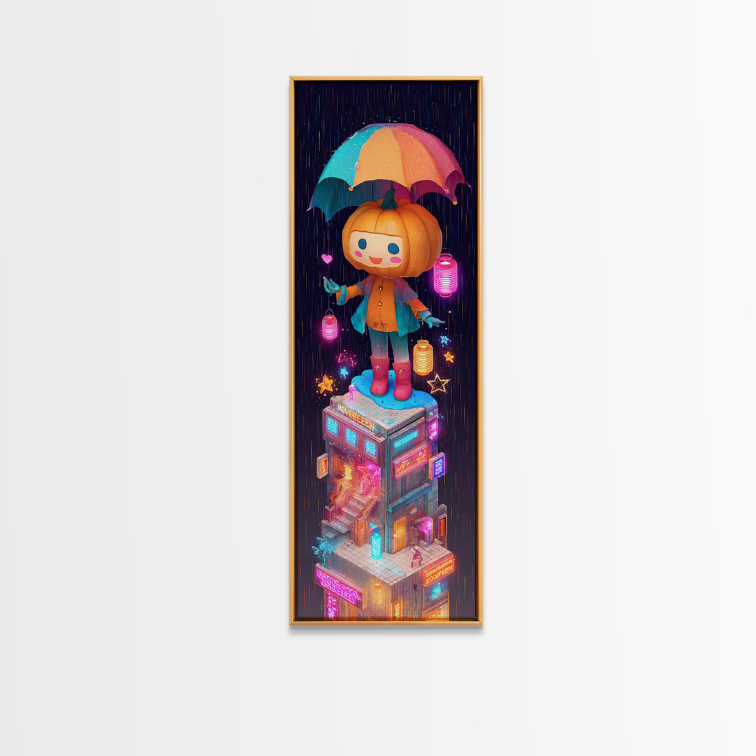 The Pumpkin Umbrella, Vaporwave Halloween Decor, Tall Narrow Wall Art, Framed Canvas Print, Retro Halloween Decor, Neon Wall Art