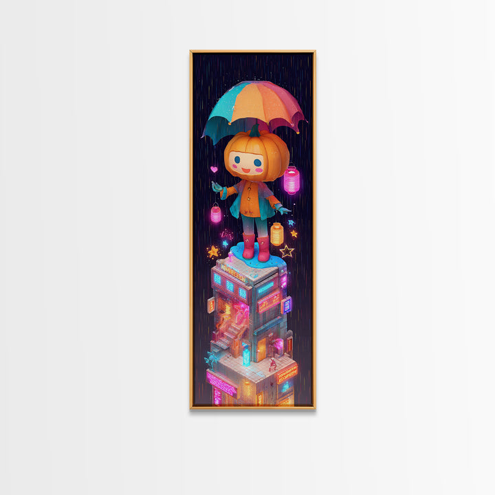 The Pumpkin Umbrella, Vaporwave Halloween Decor, Tall Narrow Wall Art, Framed Canvas Print, Retro Halloween Decor, Neon Wall Art