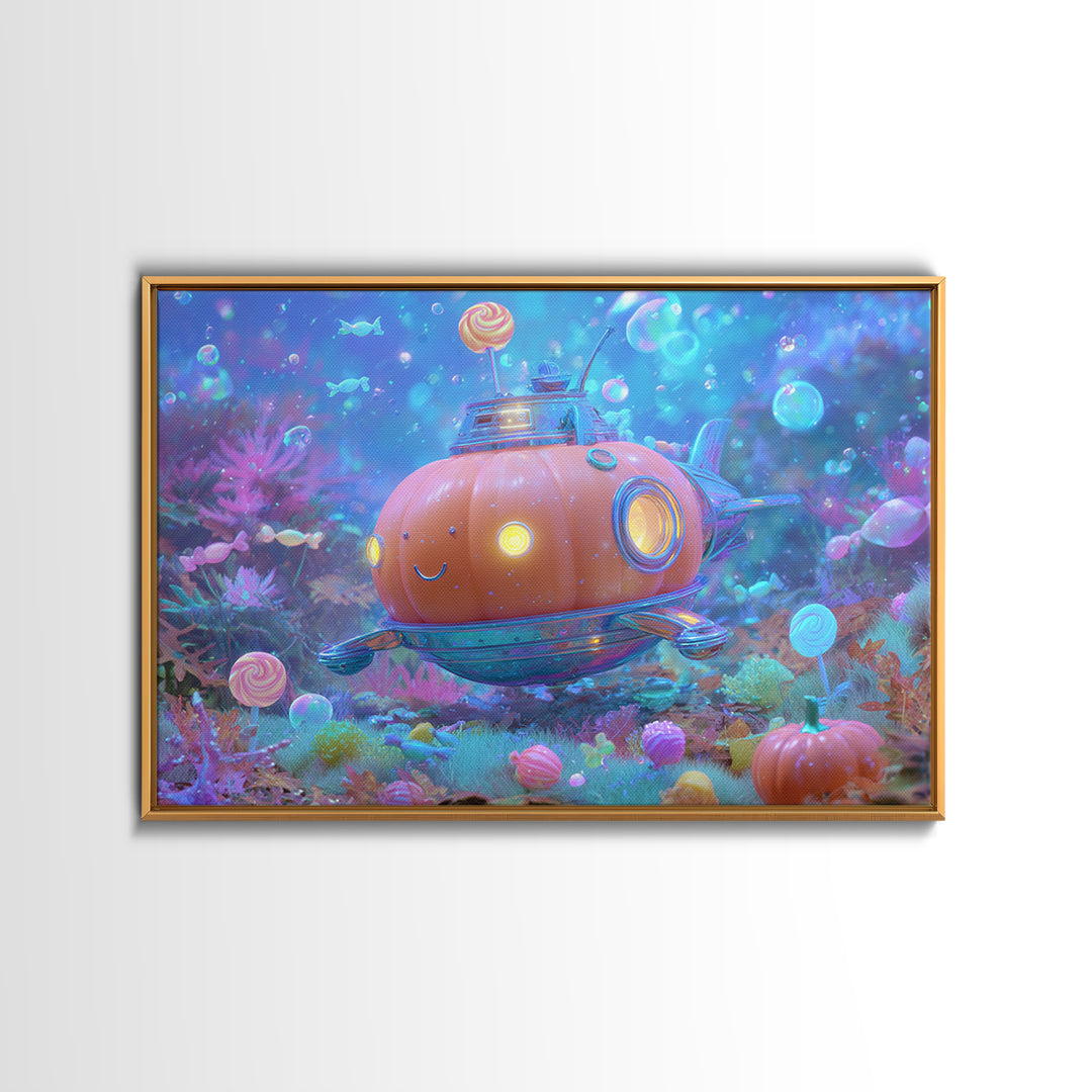 The Pumpkin Submarine, Synthwave Halloween Art, Landscape Wall Art, Canvas Print, Retro Halloween Decor, Neon Wall Art