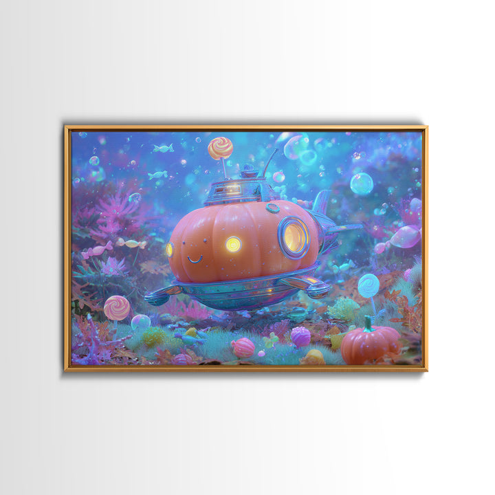 The Pumpkin Submarine, Synthwave Halloween Art, Landscape Wall Art, Canvas Print, Retro Halloween Decor, Neon Wall Art