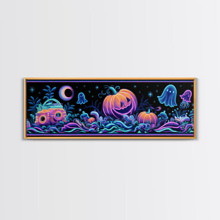 The Pumpkin Submarine, Cute Spooky Neon Art, Extra Wide Wall Art, Canvas Print, Retro Halloween Decor, Neon Wall Art, Collectible Wall Decor