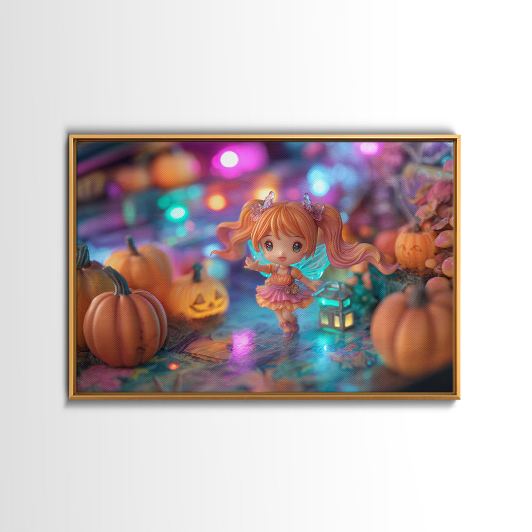 The Pumpkin Fairy Garden, Retro Neon Halloween Art, Landscape Wall Art, Canvas Print, Retro Halloween Decor, Neon Wall Art