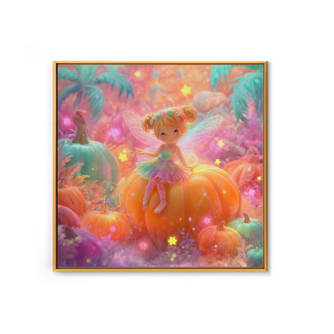 The Pumpkin Fairy Garden, Cute Spooky Neon Art, Square Wall Art, Framed Canvas Print, Retro Halloween Decor, Neon Wall Art