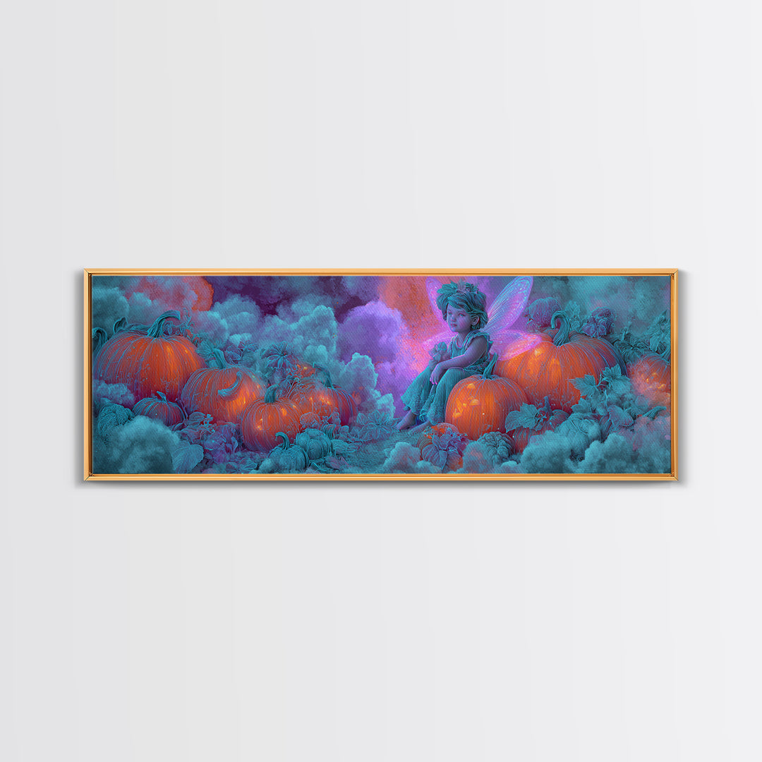 The Pumpkin Fairy Garden, Synthwave Halloween Art, Extra Wide Wall Art, Canvas Print, Retro Halloween Decor, Neon Wall Art, Horror Wall Art