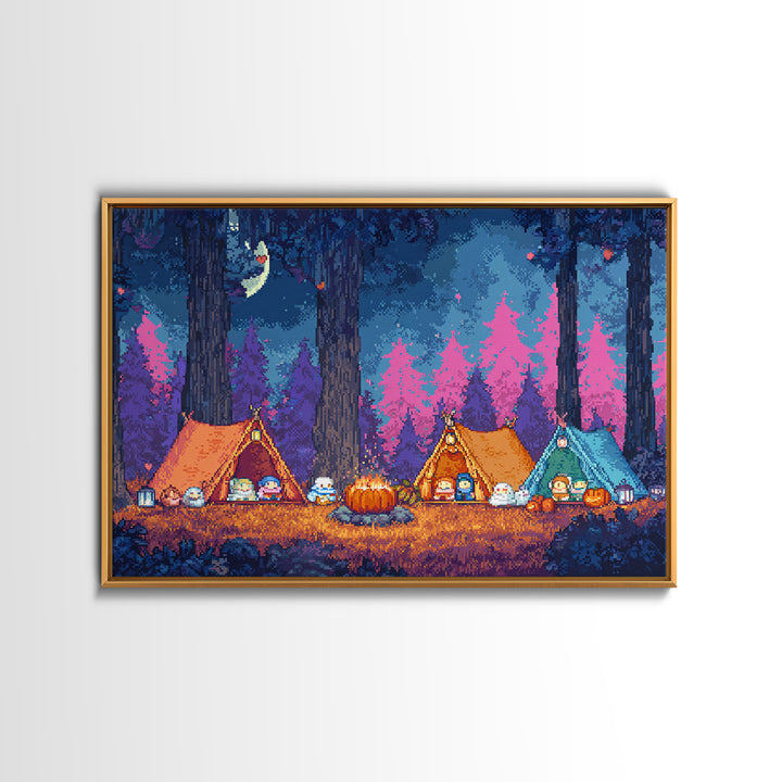 The Pumpkin Campout, Synthwave Halloween Art, Landscape Wall Art, Framed Canvas Print, Retro Halloween Decor, Neon Wall Art