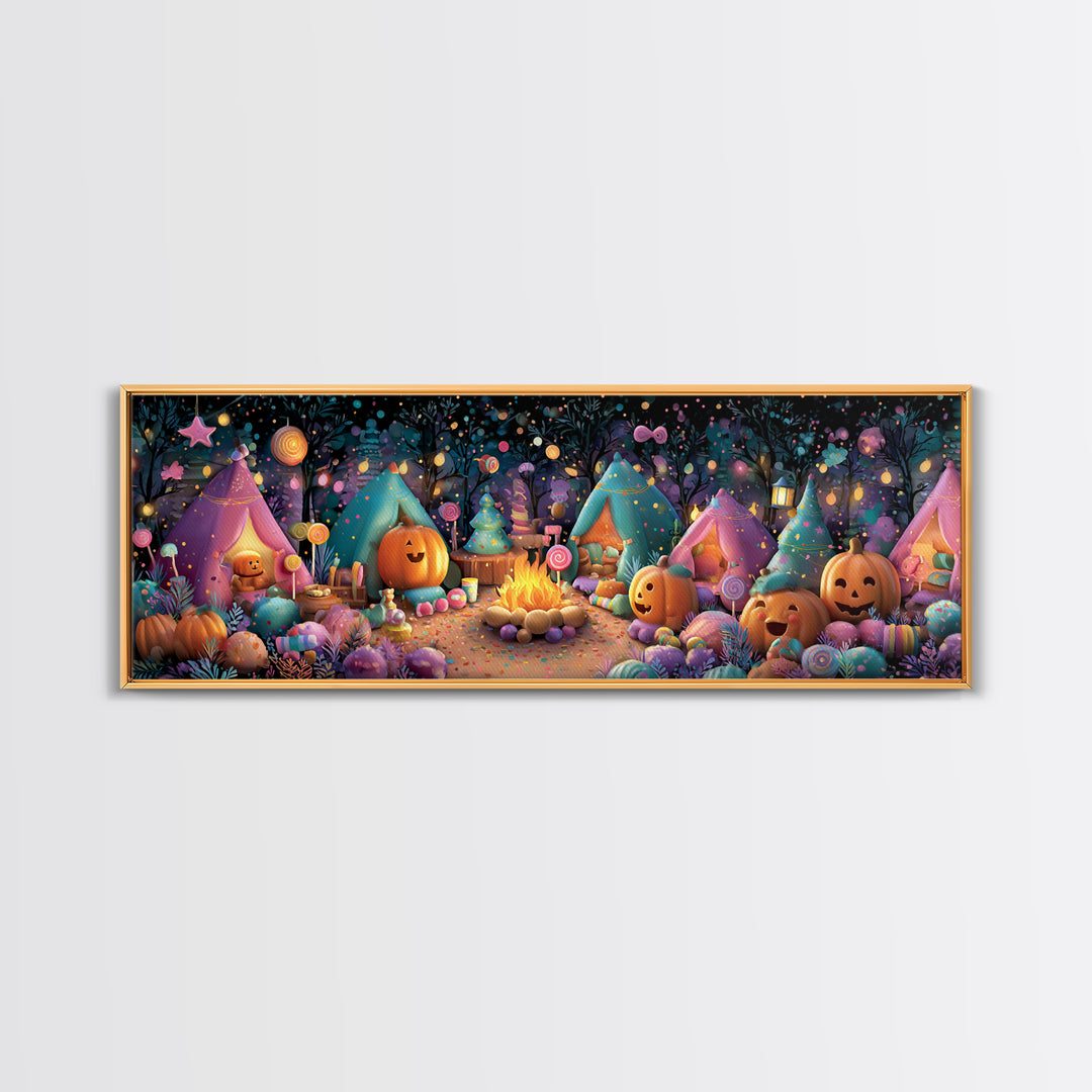 The Pumpkin Campout, Vaporwave Halloween Decor, Extra Wide Wall Art, Canvas Print, Retro Halloween Decor, Neon Wall Art, Statement Wall Art