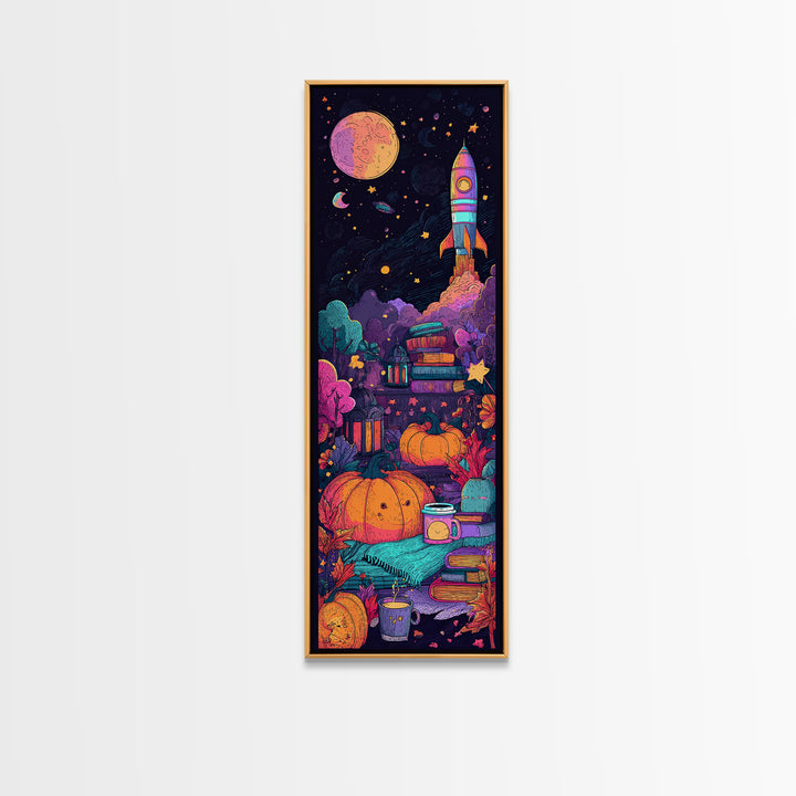 The Pumpkin Rocket Ship, 80s Halloween Wall Art, Tall Narrow Wall Art, Framed Canvas Print, Retro Halloween Decor, Neon Wall Art