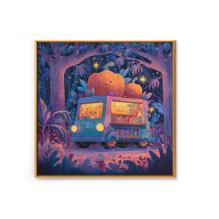 The Pumpkin Bookmobile, Synthwave Halloween Art, Square Wall Art, Framed Canvas Print, Retro Halloween Decor, Neon Wall Art