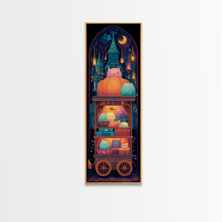 The Pumpkin Bookmobile, Retro Neon Halloween Art, Tall Narrow Wall Art, Canvas Print, Retro Halloween Decor, Neon Wall Art, Dark Fantasy Art