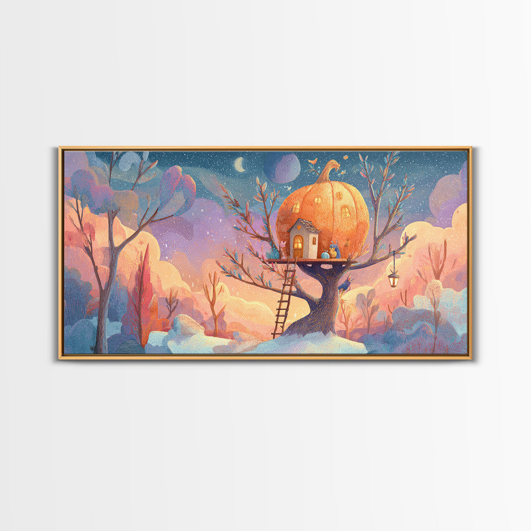 The Pumpkin Treehouse, Cute Spooky Neon Art, Wide Panoramic Art, Framed Canvas Print, Retro Halloween Decor, Neon Wall Art