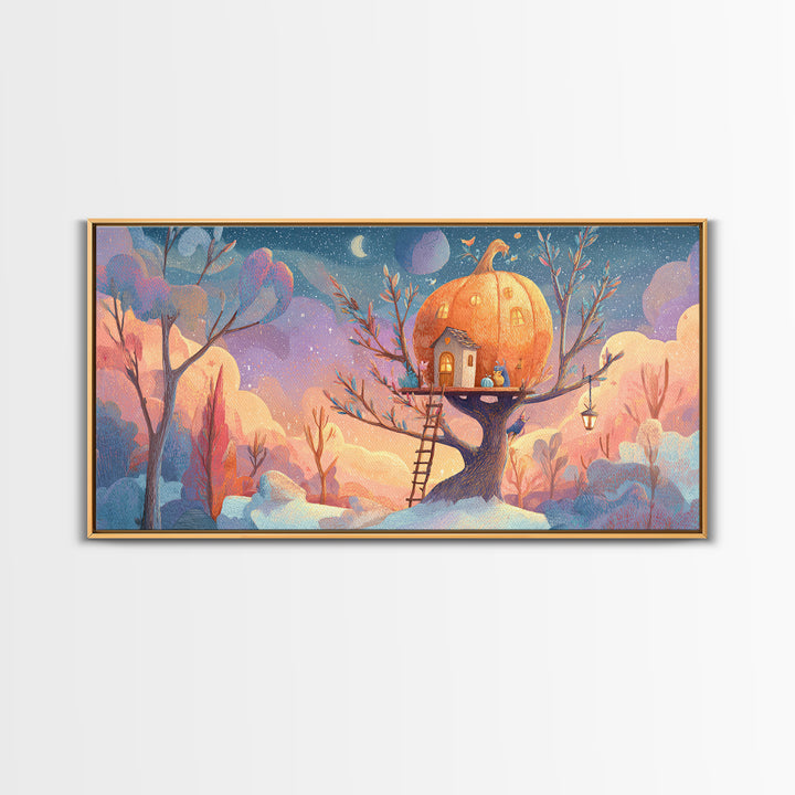 The Pumpkin Treehouse, Cute Spooky Neon Art, Wide Panoramic Art, Framed Canvas Print, Retro Halloween Decor, Neon Wall Art