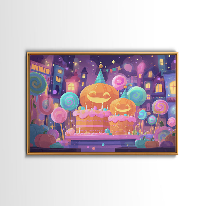 The Great Pumpkin Birthday Party, Cute Spooky Neon Art, Landscape Wall Art, Canvas Print, Retro Halloween Decor, Neon Wall Art