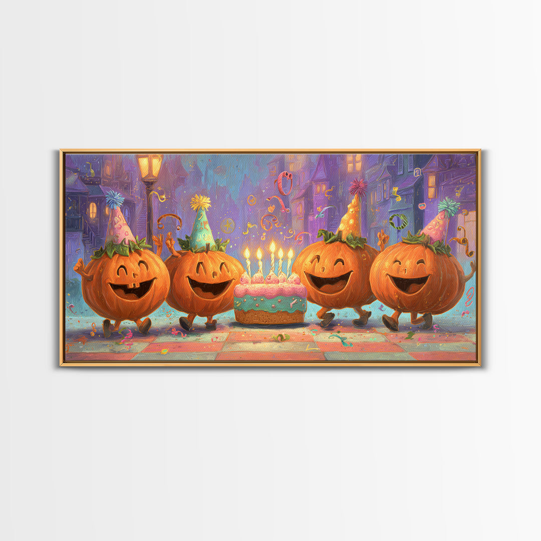 The Great Pumpkin Birthday Party, 80s Halloween Wall Art, Wide Panoramic Art, Framed Canvas Print, Retro Halloween Decor, Neon Wall Art