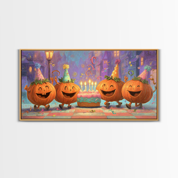 The Great Pumpkin Birthday Party, 80s Halloween Wall Art, Wide Panoramic Art, Framed Canvas Print, Retro Halloween Decor, Neon Wall Art
