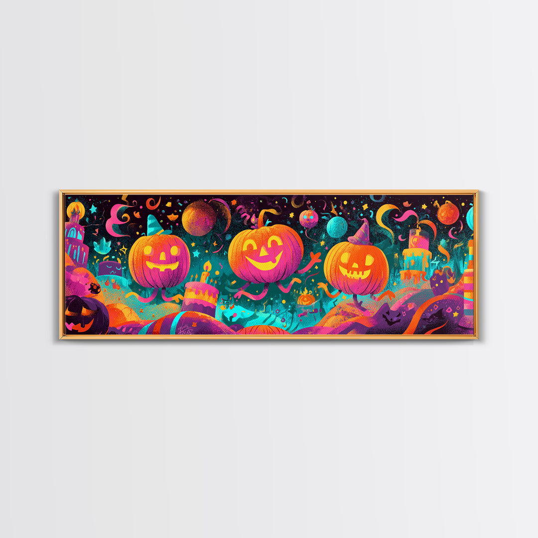 The Great Pumpkin Birthday Party, 80s Halloween Wall Art, Extra Wide Wall Art, Canvas Print, Retro Halloween Decor, Neon Wall Art