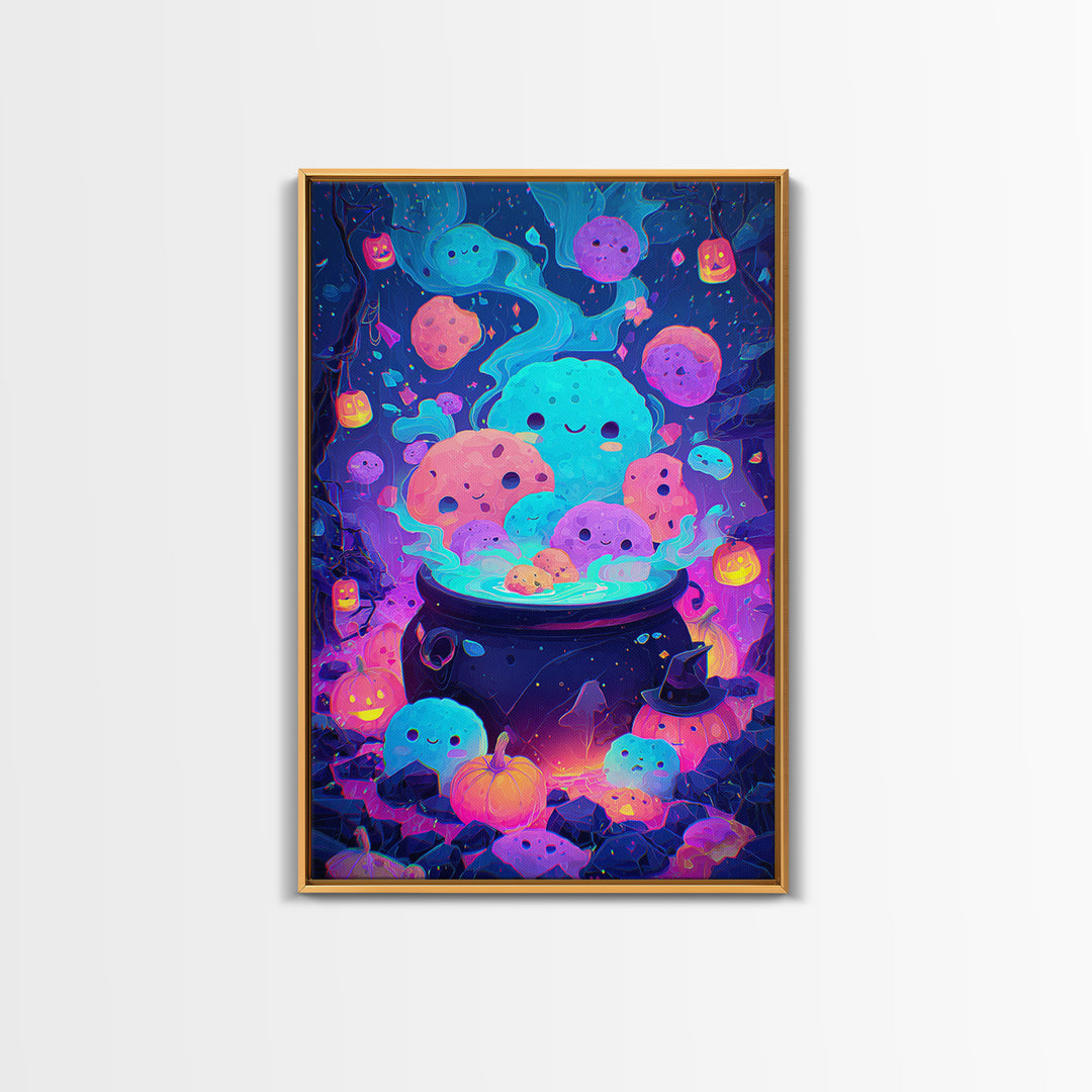 The Cookie Cauldron, Synthwave Halloween Art, Vertical Wall Art, Framed Canvas Print, Retro Halloween Decor, Neon Wall Art, Horror Wall Art