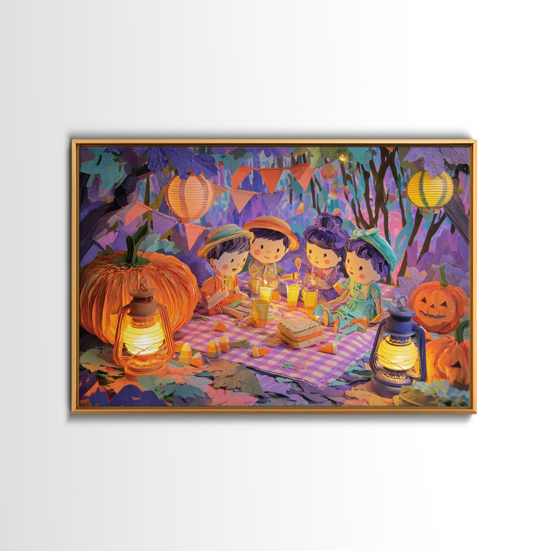 The Candy Corn Picnic, Cute Spooky Neon Art, Landscape Wall Art, Canvas Print, Retro Halloween Decor, Neon Wall Art, Collectible Wall Decor