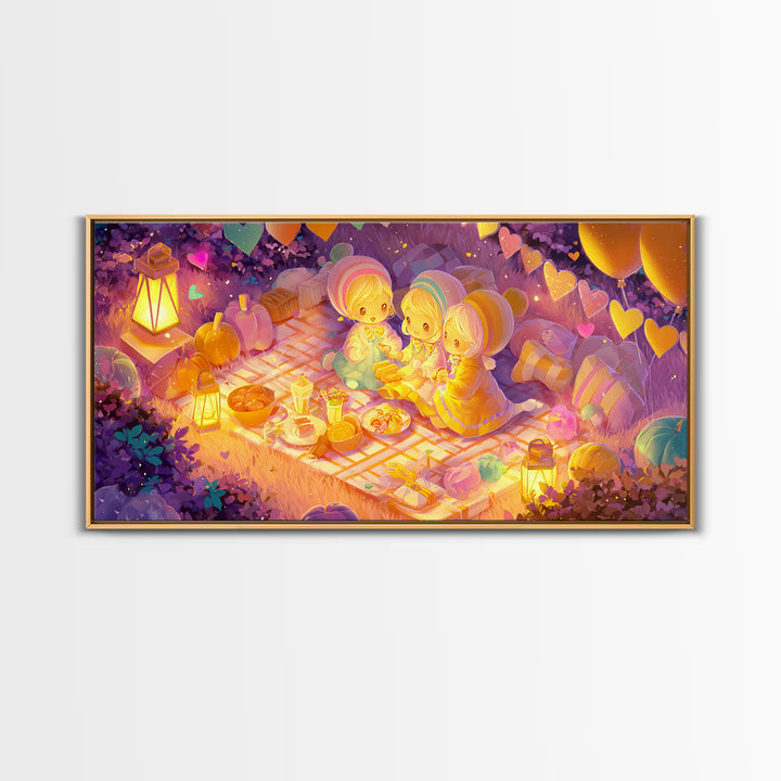 The Candy Corn Picnic, Synthwave Halloween Art, Wide Panoramic Art, Framed Canvas Print, Retro Halloween Decor, Neon Wall Art