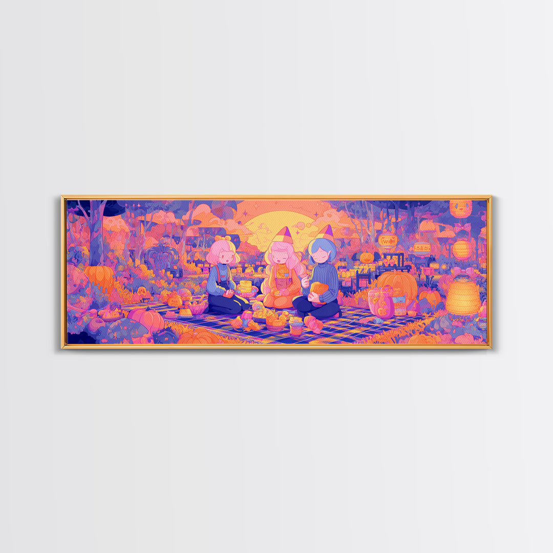 The Candy Corn Picnic, Cute Spooky Neon Art, Extra Wide Wall Art, Canvas Print, Retro Halloween Decor, Neon Wall Art, Gothic Home Decor