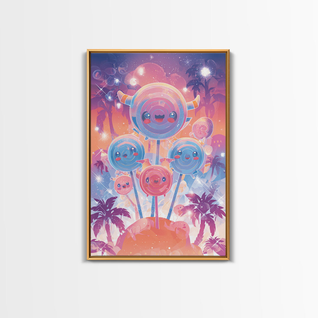 The Friendly Lollipop Monsters, Synthwave Halloween Art, Vertical Wall Art, Canvas Print, Retro Halloween Decor, Neon Wall Art