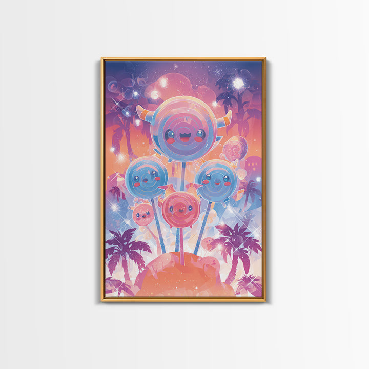 The Friendly Lollipop Monsters, Synthwave Halloween Art, Vertical Wall Art, Canvas Print, Retro Halloween Decor, Neon Wall Art