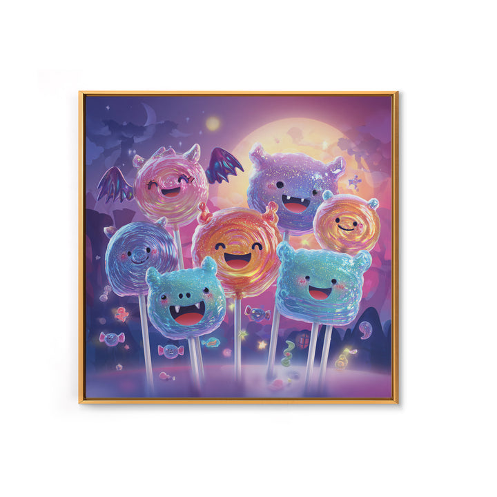 The Friendly Lollipop Monsters, Retro Neon Halloween Art, Square Wall Art, Framed Canvas Print, Retro Halloween Decor, Neon Wall Art
