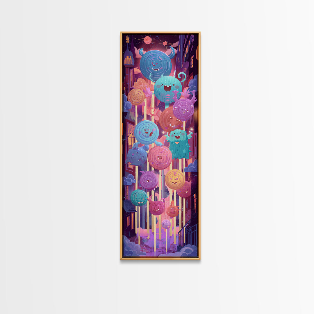 The Friendly Lollipop Monsters, Cute Spooky Neon Art, Tall Narrow Wall Art, Framed Canvas Print, Retro Halloween Decor, Neon Wall Art