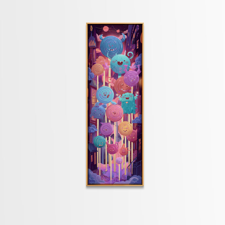 The Friendly Lollipop Monsters, Cute Spooky Neon Art, Tall Narrow Wall Art, Framed Canvas Print, Retro Halloween Decor, Neon Wall Art