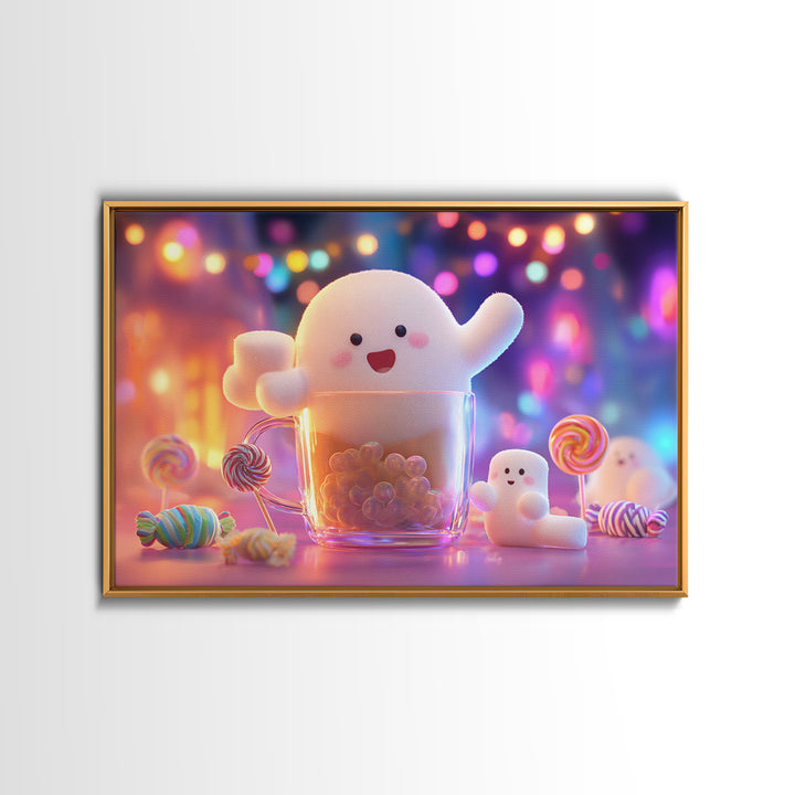 The Marshmallow Ghost Choir, Synthwave Halloween Art, Landscape Wall Art, Canvas Print, Retro Halloween Decor, Neon Wall Art