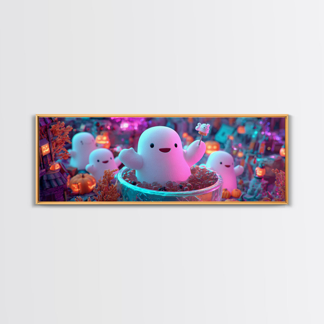 The Marshmallow Ghost Choir, Synthwave Halloween Art, Extra Wide Wall Art, Framed Canvas Print, Retro Halloween Decor, Neon Wall Art