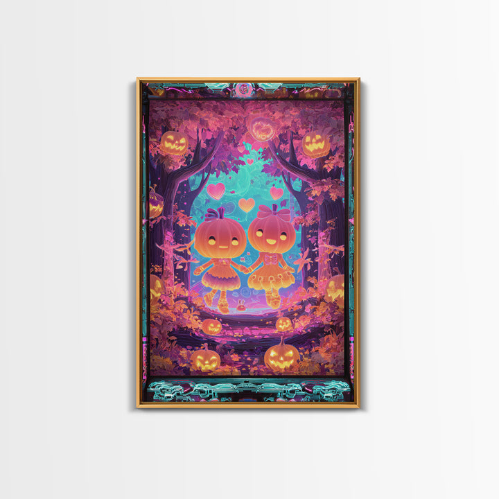 The Caramel Apple Friends, Synthwave Halloween Art, Vertical Wall Art, Framed Canvas Print, Retro Halloween Decor, Neon Wall Art