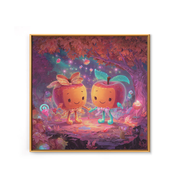 The Caramel Apple Friends, Cute Spooky Neon Art, Square Wall Art, Framed Canvas Print, Retro Halloween Decor, Neon Wall Art