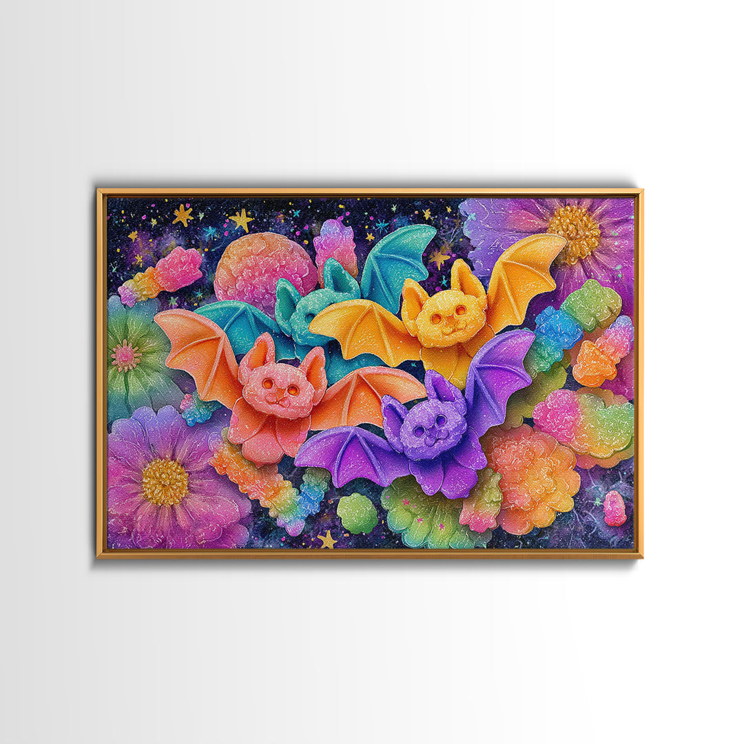 The Gummy Bat Garden, 80s Halloween Wall Art, Landscape Wall Art, Framed Canvas Print, Retro Halloween Decor, Neon Wall Art