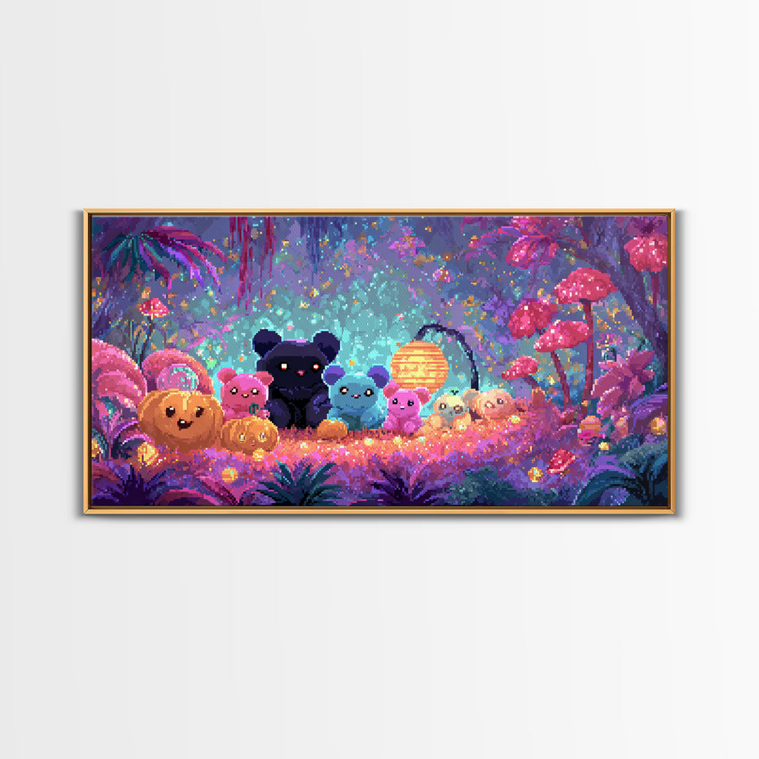 The Gummy Bat Garden, 80s Halloween Wall Art, Wide Panoramic Art, Framed Canvas Print, Retro Halloween Decor, Neon Wall Art