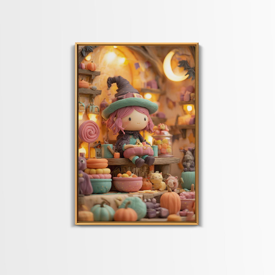 The Candy Witch'S Kitchen, Cute Spooky Neon Art, Vertical Wall Art, Framed Canvas Print, Retro Halloween Decor, Neon Wall Art