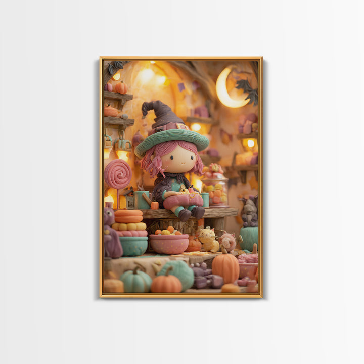 The Candy Witch'S Kitchen, Cute Spooky Neon Art, Vertical Wall Art, Framed Canvas Print, Retro Halloween Decor, Neon Wall Art