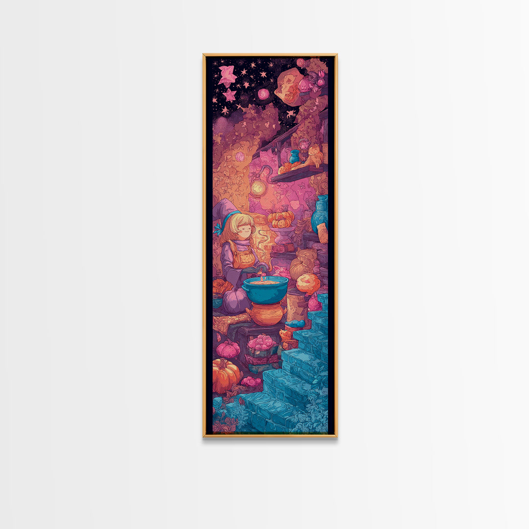 The Candy Witch'S Kitchen, Vaporwave Halloween Decor, Tall Narrow Wall Art, Framed Canvas Print, Retro Halloween Decor, Neon Wall Art