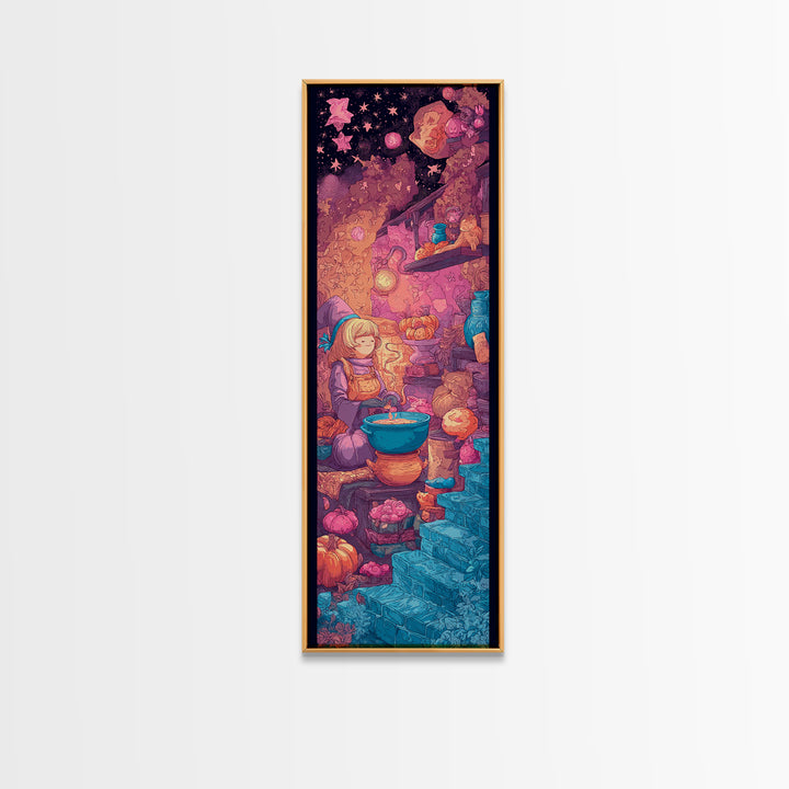 The Candy Witch'S Kitchen, Vaporwave Halloween Decor, Tall Narrow Wall Art, Framed Canvas Print, Retro Halloween Decor, Neon Wall Art