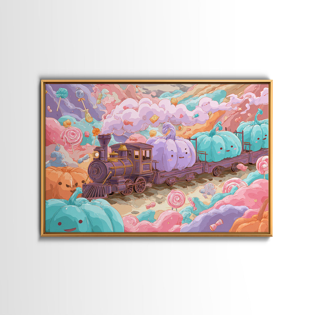 The Chocolate Pumpkin Train, 80s Halloween Wall Art, Landscape Wall Art, Framed Canvas Print, Retro Halloween Decor, Neon Wall Art