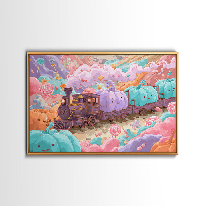 The Chocolate Pumpkin Train, 80s Halloween Wall Art, Landscape Wall Art, Framed Canvas Print, Retro Halloween Decor, Neon Wall Art