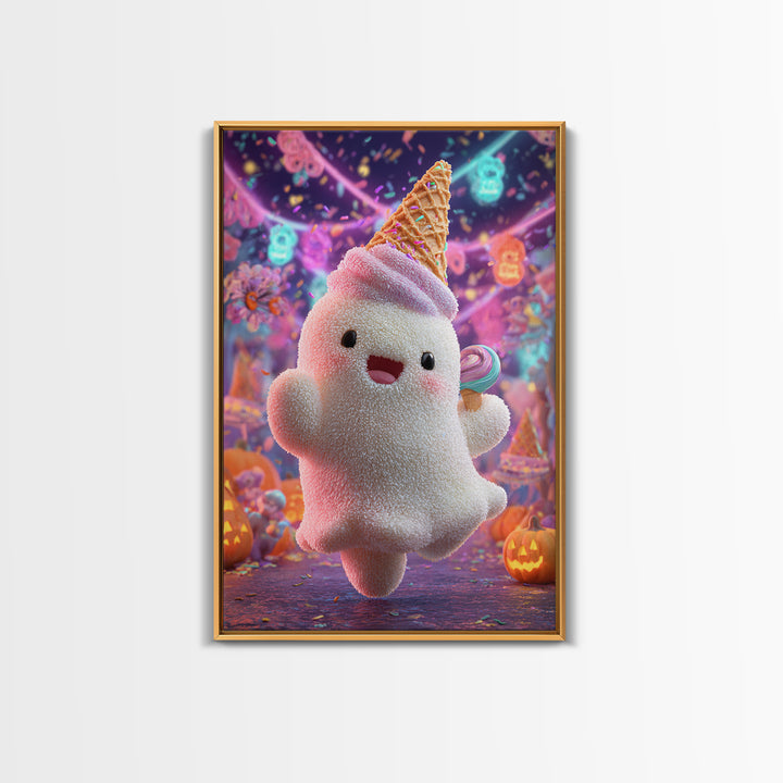 The Ice-Cream Ghost Parade, 80s Halloween Wall Art, Vertical Wall Art, Canvas Print, Retro Halloween Decor, Neon Wall Art, Dark Fantasy Art
