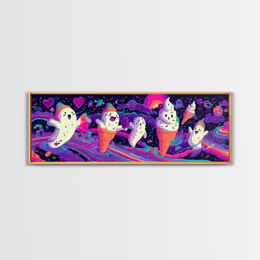 The Ice-Cream Ghost Parade, Retro Neon Halloween Art, Extra Wide Wall Art, Framed Canvas Print, Retro Halloween Decor, Neon Wall Art