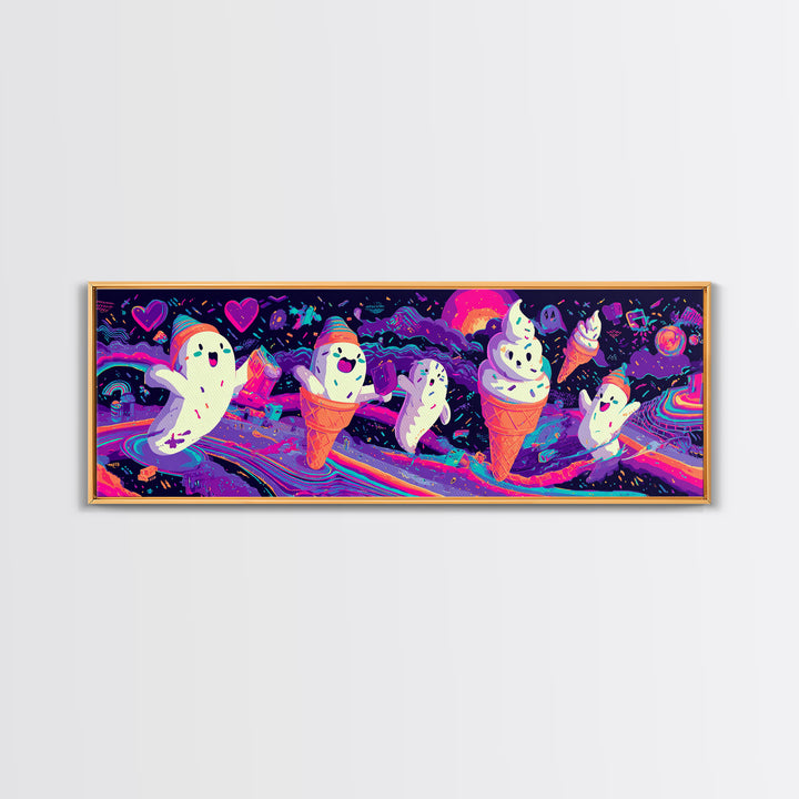 The Ice-Cream Ghost Parade, Retro Neon Halloween Art, Extra Wide Wall Art, Framed Canvas Print, Retro Halloween Decor, Neon Wall Art
