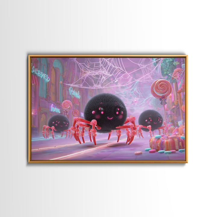 The Licorice Spider Family, Vaporwave Halloween Decor, Landscape Wall Art, Canvas Print, Retro Halloween Decor, Neon Wall Art