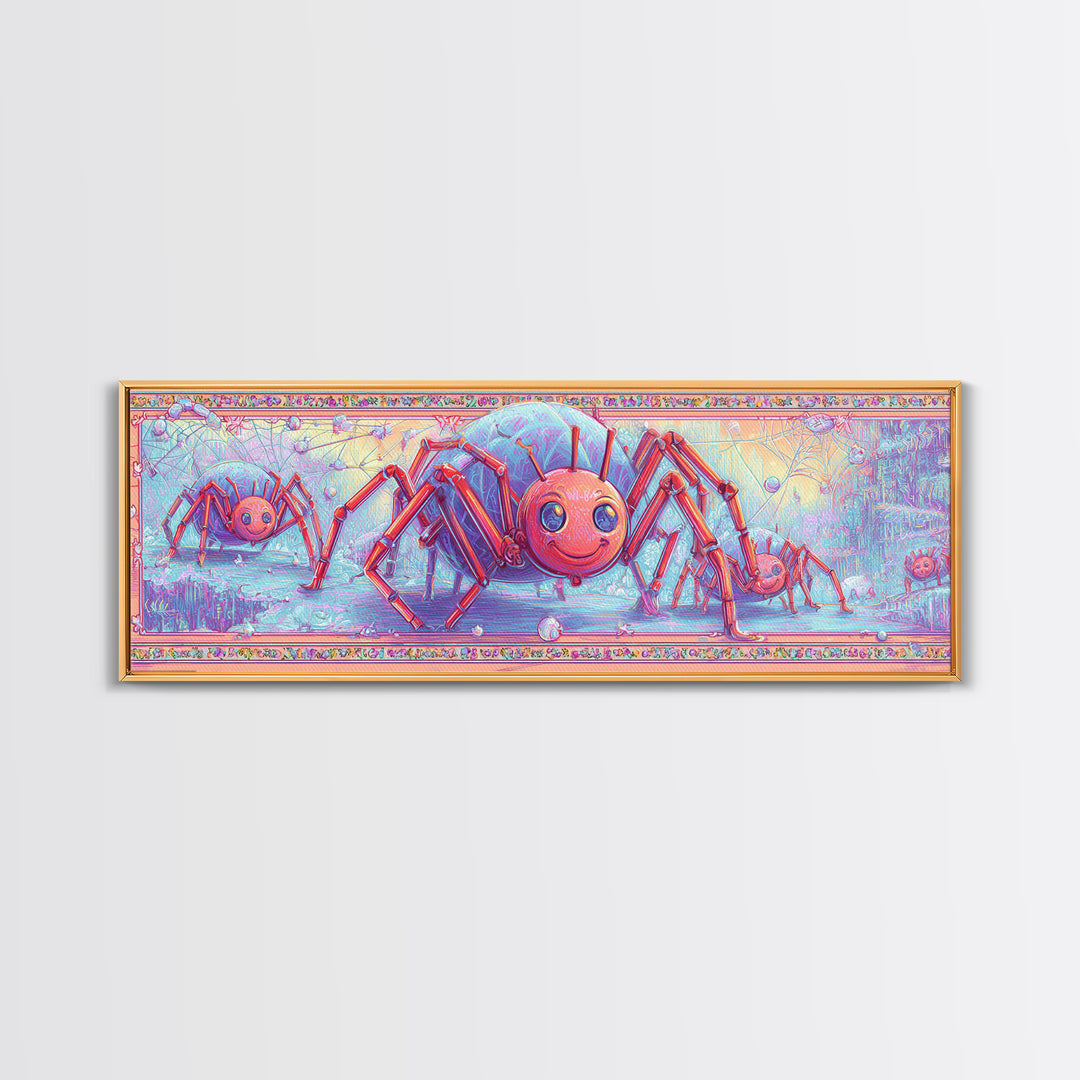 The Licorice Spider Family, Cute Spooky Neon Art, Extra Wide Wall Art, Framed Canvas Print, Retro Halloween Decor, Neon Wall Art