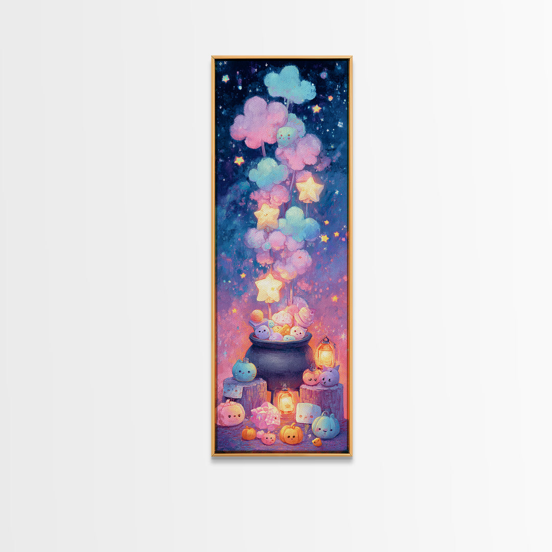 The Cotton-Candy Cauldron, Retro Neon Halloween Art, Tall Narrow Wall Art, Canvas Print, Retro Halloween Decor, Neon Wall Art