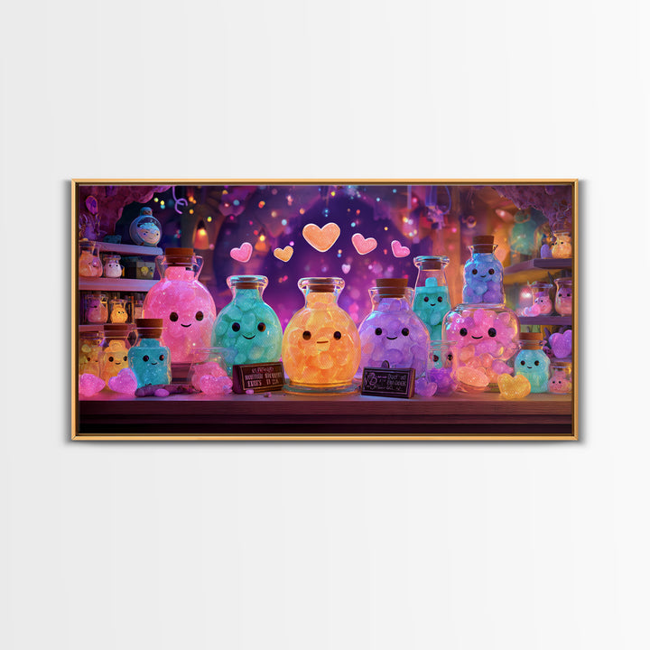 The Jellybean Potion Shop, Cute Spooky Neon Art, Wide Panoramic Art, Canvas Print, Retro Halloween Decor, Neon Wall Art, Statement Wall Art