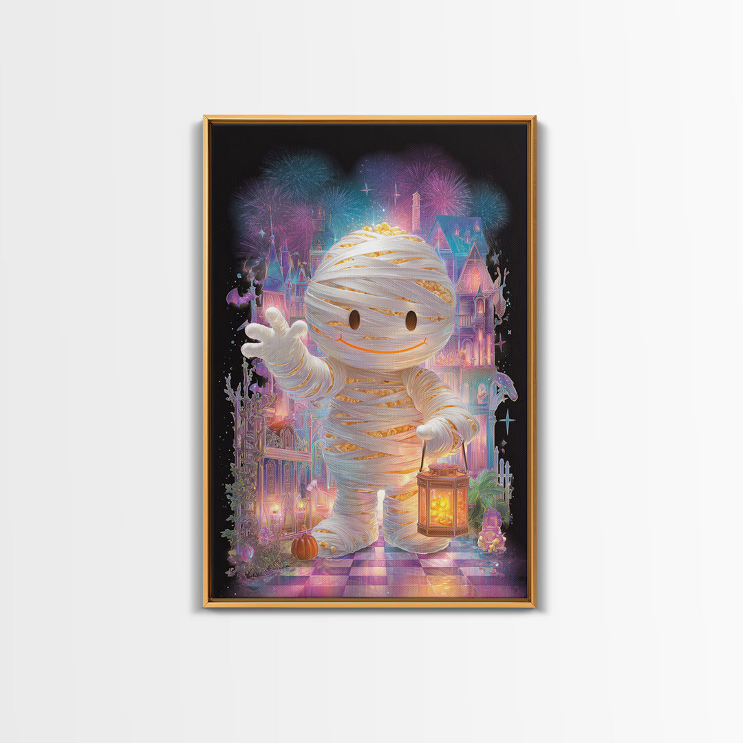 The Popcorn Mummy, Cute Spooky Neon Art, Vertical Wall Art, Framed Canvas Print, Retro Halloween Decor, Neon Wall Art, Spooky Wall Decor